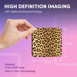 Destination Vinyl ltd Great Coasters (Set of 4) Square - Wild Animal Leopard Cat Fur Print Drink Glossy Coasters/Tabletop Protection for Any Table Type #46429