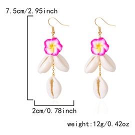 Boho Plumeria Rubra Shell Dangle Earrings for Women Cowrie Shell Drop Earrings Summer Beach Vacation Jewelry Gift-Hot Pink