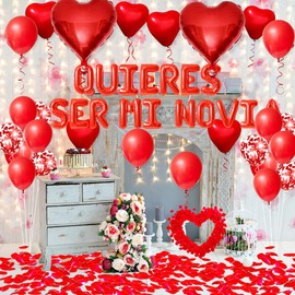 QUIERES SER MI NOVIA - 16inch Quieres Ser Mi Novia Balloons/Will You Be My Girlfriend - 1000pcs Artificial Rose Petals Red Heart Balloons for Love Confession Valentines Day Party Decorations