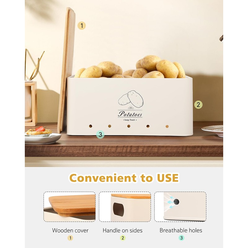 Clewcks Kitchen Vegetable Storage Tins Set of 3 for Potatoes,