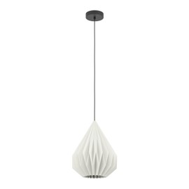 EGLO Minting Pendant Lamp Over Dining Table with Pleated Lampshade, Metal Pendant Light in Black and Paper in White, Pendant Lamp with E27 Socket, Diameter 31 cm
