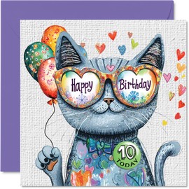 Stuff4 10th Birthday Card Girl - Purrfect Cat Balloons - Cat Birthday Card for 10 Year Old Girl, Age 10 Girls Birthday Cards Tenth Birthday Card, 5.7 x 5.7 Inch Cats Greeting Card