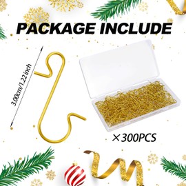 OCTERIC 300 Pieces Christmas Ornaments Hooks Metal S-Shaped Hangers Metal Wire Hooks with Storage Box for Trees Balls Christmas Hanging Decorations (Golden)