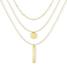 Layered Necklace Women Men Gold Chain Round Pendant Bar Pendant Multilayer Gold Necklace Triple Chains Long Necklace Layered Chain Necklace Set Fashion Jewellery for Women and Girls, Silver