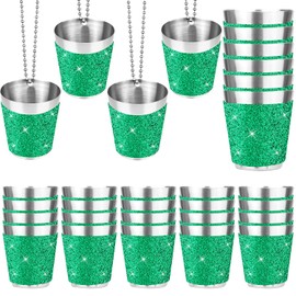30 Pcs Stainless Steel Shot Glass Necklaces ，Bachelorette Shot Glasses Set 1 oz/30 ml Chains Mini Bling Bling Shot Glass Cups for Graduation Party Favors、Wedding 、 Christmas Party (Green)