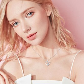 LWXIE Diamond Cat Necklace for Women 925 Sterling Silver Heart Necklace Cute Cat Necklace Animal Diamond Jewelry Gifts for women Wife Girlfriend (0.065 ct t.w)