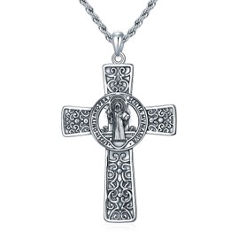 Feeot 925 Sterling Silver Patron Saint Cross Necklace Protection Catholic Jewelry Gifts for Men, Cross Pendant with Stainless Steel 22+2'' Rope Chain