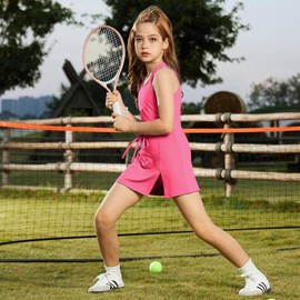 Girls Sleeveless Tennis Dress Tank Top Skorts Skirts High Waist Side Slit Outfit Athletic Sets with Shorts Pockets, 6-7Y Red