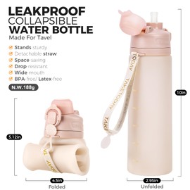 TakeToday Collapsible Water Bottles 20oz, Leak Proof, BPA-Free, Foldable Silicone Travel Water Bottle with Straw Strap for Cycling, Hiking, Outdoors