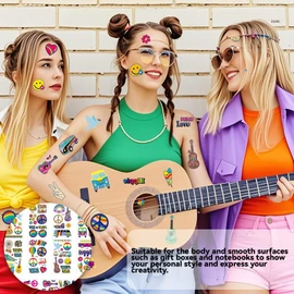 AzureRay 10 Sheets Temporary Tattoos for Adults and Children, Flower Power Hippie Accessories with PeaceVibe Motif, Colourful Love & Peace Symbols for Festival and Theme Party, Hippie Tattoo Set