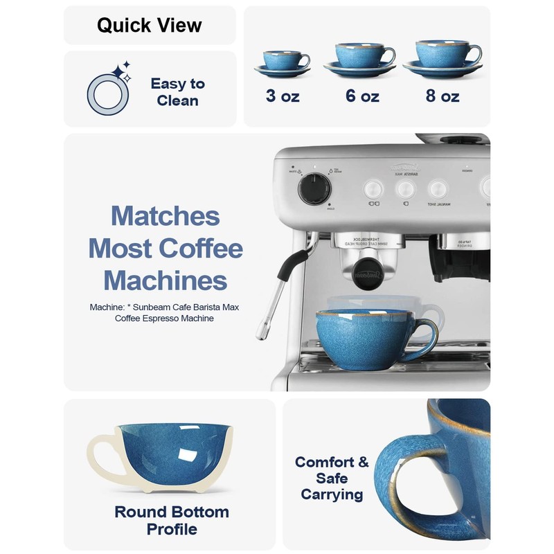 LE TAUCI 6 oz Cappuccino Cups with Saucers, Ceramic Coffee