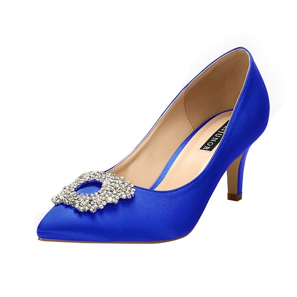 ERIJUNOR Zapatos de tacón bajo con diamantes de imitación para mujer, vestido de noche de satén, zapatos de boda, Azul, 10