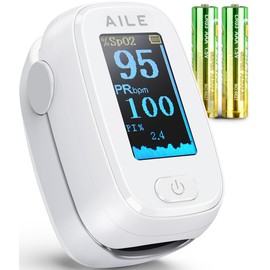 Pulse Oximeter with Fingertip Oxygen Meter : AILE Compact Fingertip Pulse Oximeter - Blood Oxygen/Heart Rate Monitor - 4 Color Screen Display - Including 2AAA Batteries for Athletic & Home (White)