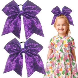 2 PCS 8" Large Cheer Bows Sequin Cheer Hair Bows Ponytail Holders Cheerleading Bows for Jumbo Cheerleading Teen Girls Sports (Purple)