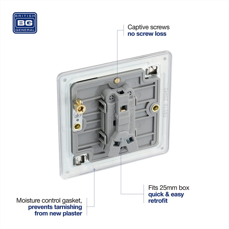 BG Electrical fbs12 Screwless Flat Plate Single Light Switch, Brushed