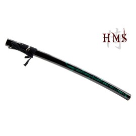 HMS Japanese Samurai Katana Sword Saya, Black Piano Lacquered Wood with Green Bamboo Design Wrapped with Black Cotton Sageo