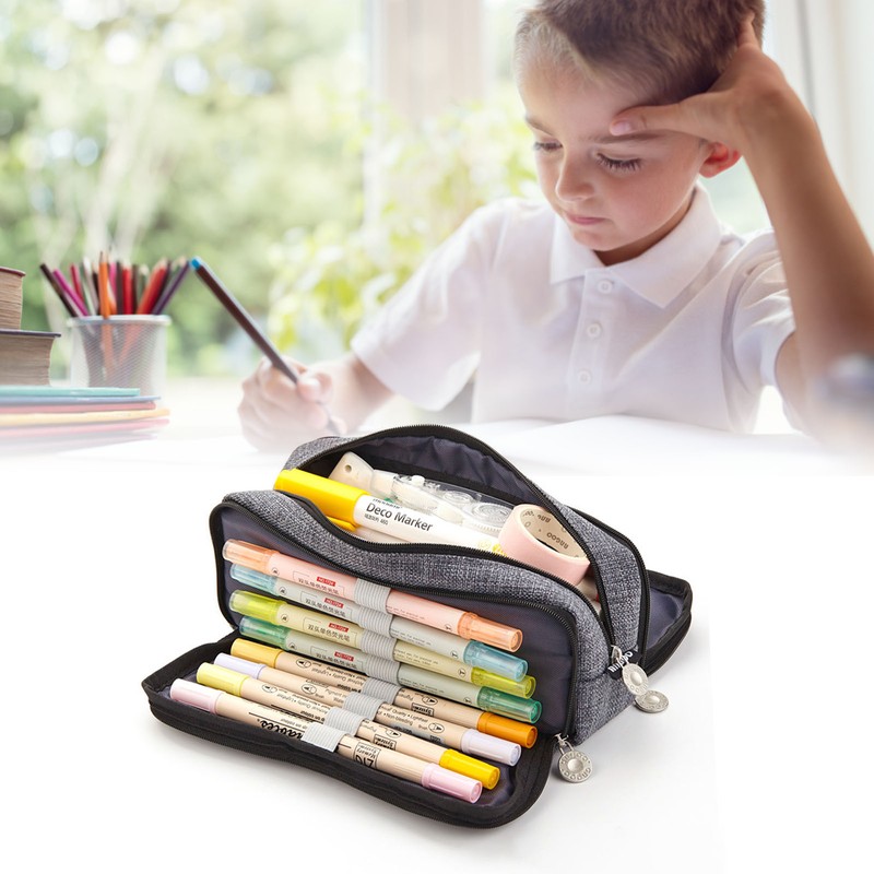 Large Capacity Pencil Case Multi Pocket Double Opening Cute Stationery