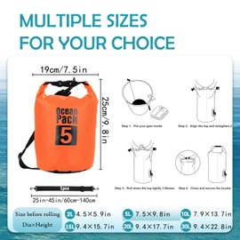 Dry Bag 5L, Boat Dry Bags Orange Waterproof Bag Dry Sack Roll Top Long Adjustable Shoulder Strap 2L/5L/10L/20L/30L/40L for Drifting Boating Kayaking Fishing Rafting Swimming Camping Canoeing Surfing
