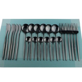 Gugrida - Juego de cubiertos de acero inoxidable 18/10, reutilizables, tenedores, cucharas, cuchillos, cubiertos con espejo, para reuniones familiares y uso diario (6 unidades), color negro