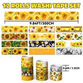 INNOHUB 12 Rolls Sunflower Washi Tape, Watercolor Flower Adhesive Tapes, Yellow Decorative Masking Tape Sets for Craft, Scrapbook, DIY, Gift Wrapping