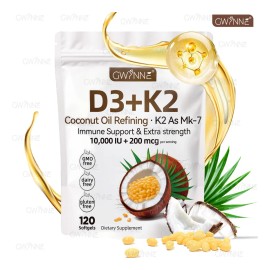 Gwynne Vitamina D3 10.000ui  K2 Mk-7 200mcg,120cpsulas 2 En 1 Aceite De Coco Vrgenapoyo seo,inmunolgico Y Cardaco                                     