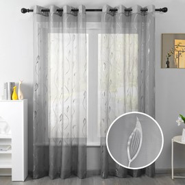 Youleyar Silver Foil Print Voile Sheer Curtains,Wicker Grommet Top Window Drapes 72 Inches Long, Luxury Metallic Bronzing Treatment Panels for Home Window Decoration, 2 Panels(Grey,52W x 72L)