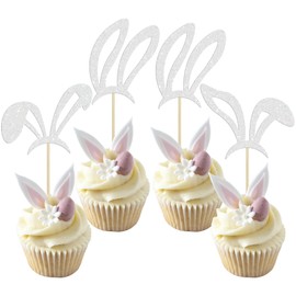 Ephlyn 24Pcs Happy Easter Cupcake Toppers Glitter Easter Bunny Ear Cupcake Pick Decorations for Easter Spring Theme Baby Shower Kids Birthday Party Supplies Silver