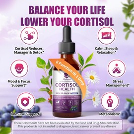 Cortisol Supplements for Women & Men, 10 in 1 Cortisol Detox Manager Reducer with Magnesium, Ashwagandha, L-theanine, Hormone Balance Liquid Drops - Mood, Focus, Sleep - 2 FL.OZ, Blueberry Flavor