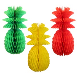 Rasta Honeycomb Pineapple Party Decorations, 3-Piece Set - Tropical Tissue Paper Decor for Caribbean, Jamaican, Reggae, Hawaiian, Summer, Beach & Luau Themed Events - Hanging Paper Pineapples