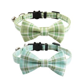 Cat Collar with Bow Tie and Bell, 2 Pack Breakaway Plaid Bowtie Cat Collar for Kitty, Cats, Puppy and Kittens, Blue&Green