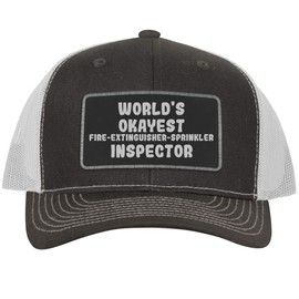 World's Okayest Fire-Extinguisher-Sprinkler Inspector - Leather Black Patch Engraved Trucker Hat, Grey-White, One Size
