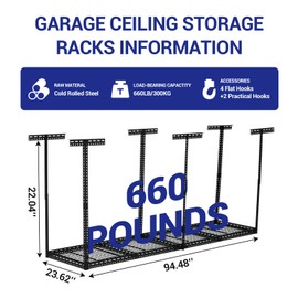 GarveeTech 2x8 FT Overhead Garage Storage Rack, 22"-40" Height Adjustable Ceiling Storage Rack 660lbs Weight Capacity, Heavy Duty Metal Hanging Storage Shelves for Garage (Black, Vertical Post x 6)