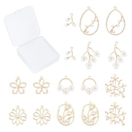 SUNNYCLUE 1 Box 16Pcs 8 Styles Pearl Charms Gold Filigree Hollow Flower Pendants Alloy Teardrop Branches Oval Ring Shape for Necklaces Earrings Bracelets DIY Crafts Making Supplies