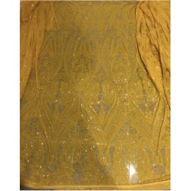 wowfabric4less123 Yellow 4way stretch sequins Embroidery Mesh Lace fabric 50” Width 1 Yard