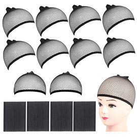 RuiChy 10pcs Black Wig Net, Open End Stretch Mesh Wig Cap and 4pcs Magic Hair Pad, Unisex Nylon Hair Net for Long and Short Hair