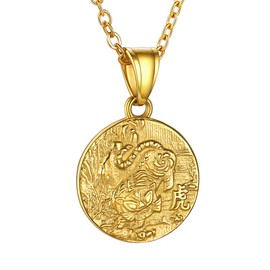 GOLDCHIC JEWELRY Chinese Zodiac Necklace, Animal Tiger Coin Pendant with 20"+2" Chain Protection Gifts for Women Men (Gift Box Included)