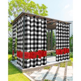 YESOF66 Valentine's Day Patio Outdoor Curtains Waterproof Outside Curtains Red Rose on Black White Buffalo Plaid Grommet Top Outdoor Vertical Drapes for Porch, Pergola, Cabana, 2 Panel, 52 x 95 inch