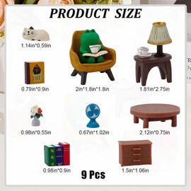 PLIGREAT Miniature Frog Figurines Statue 9 Styles Mini Desk Figurines Set Sleeping Cat Yellow Sofa Blue Fan Flower Vase Figure Garden Desktop Decor for Bedroom Office Birthday Party Home Desk Gift