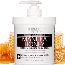 ADVANCED CLINICALS CREMA CORPORAL MIEL DE MANUKA RESTAURADORA REHIDRATANTE CERA ABEJA, COLAGENO Y VITAMINA E 454GR
