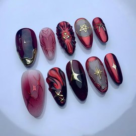 Mkwntg 24Pcs Red Black French Tip Press on Nails Medium Almond Fake Nails with 3D Butterfly Golden Star Design Silver Bow Stick on Nails Y2K Full Cover Gold Line Glue on Nails for Women Manicure