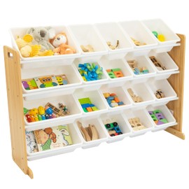 Humble Crew Extra-Large Toy Organizer with 20 Plastic Bins – Natural/White Storage Rack with 4-Tier Shelves, Anti-Tip Safety, for Kids’ Rooms, Playrooms, Nurseries & Classrooms