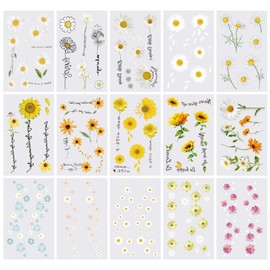 Oottati 15 Sheets Temporary Tattoo Stickers For Women Yellow White Daisy Flower Words Suit for Wrist Hand Neck