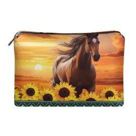 COEQINE Ladies Leather Cosmetic Purse Women Travel Make Up Bag Organizer Bag for Women Trend Party, western sunset horse