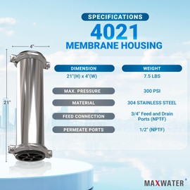 Max Water 4021 - Heavy Duty, Stainless Steel - Reverse Osmosis Commercial Membrane Housing 4" x 21"