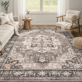 Area Rug 5x7 Washable Vintage - Soft Traditional Rugs for Living Room Large Non Slip Backing with Low Pile Farmhouse Oriental Retro Carpet for Bedroom Dining Room or Home Office - Dark Brown