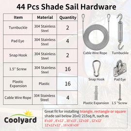 COOLYARD Shade Sail Hardware Kit with Cable Wire Rope,48 Ft (12Ftx4) Vinyl Coated Aircraft Cable,6 Inch Hanging Kit for Outdoor Curtain String Light Sun Shade Sails Installation