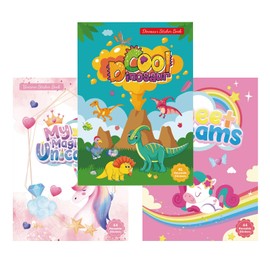 SoeUyd 3 Stück Stickerbuch ab 2 Jahre, Wiederverwendbare Stickerbücher, Stickerbuch Wiederverwendbar für Kinder 2-4 Jährige, Einhorn, Dinosaurier-Welt, Traum von Schönheit Pädagogische Lerngeschenke