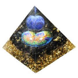 KYEYGWO Positive Energy Pyramid Stone with Reiki Healing Lapis Lazuli Crystal Ball and Tree of Life, Chakra Crystal Pyramid Obsidian Healing Stone Pyramid Desktop Ornament Home Decoration
