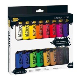 Kreul 84172 - Solo Goya acrylic paint set with 16 colours in 20 ml tubes, creamy, versatile acrylic paint in professional quality, water-based, quick drying, matt, good coverage, waterproof