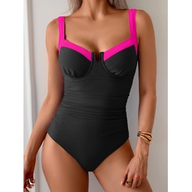 B2prity Women's Underwire One Piece Swimsuits Tummy Control Bathing Suits Push Up Swim Suit Color Block Swimwear